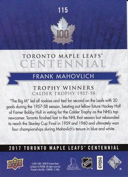 2017 Upper Deck Toronto Maple Leafs Centennial #115 Frank Mahovlich Back