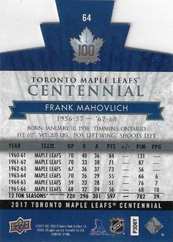 2017 Upper Deck Toronto Maple Leafs Centennial - Blue Die Cut #64 Frank Mahovlich Back