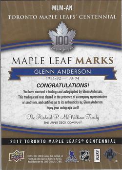 2017 Upper Deck Toronto Maple Leafs Centennial - Maple Leaf Marks #MLM-AN Glenn Anderson Back