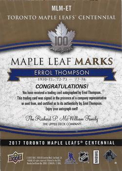 2017 Upper Deck Toronto Maple Leafs Centennial - Maple Leaf Marks #MLM-ET Errol Thompson Back