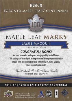 2017 Upper Deck Toronto Maple Leafs Centennial - Maple Leaf Marks #MLM-JM Jamie Macoun Back