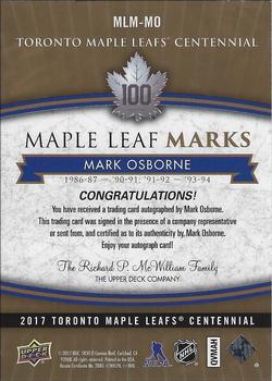 2017 Upper Deck Toronto Maple Leafs Centennial - Maple Leaf Marks #MLM-MO Mark Osborne Back