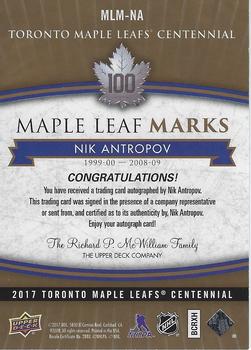2017 Upper Deck Toronto Maple Leafs Centennial - Maple Leaf Marks #MLM-NA Nik Antropov Back