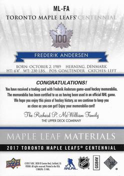 2017 Upper Deck Toronto Maple Leafs Centennial - Maple Leaf Materials #ML-FA Frederik Andersen Back