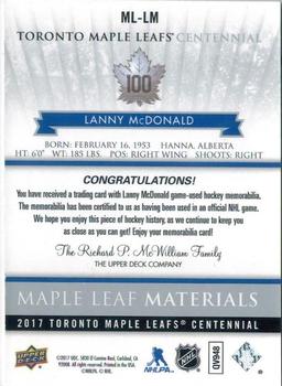 2017 Upper Deck Toronto Maple Leafs Centennial - Maple Leaf Materials #ML-LM Lanny McDonald Back