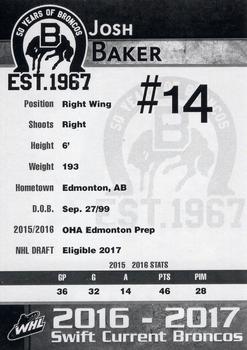 2016-17 Crescent Point Swift Current Broncos (WHL) #NNO Josh Baker Back
