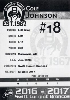2016-17 Crescent Point Swift Current Broncos (WHL) #NNO Cole Johnson Back