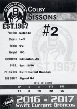 2016-17 Crescent Point Swift Current Broncos (WHL) #NNO Colby Sissons Back