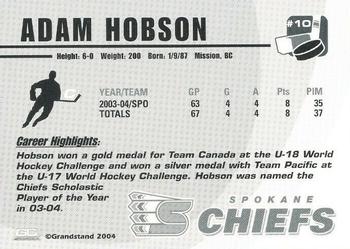 2004-05 Grandstand Spokane Chiefs (WHL) #NNO Adam Hobson Back