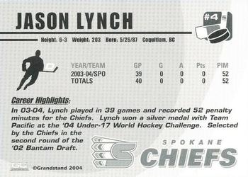 2004-05 Grandstand Spokane Chiefs (WHL) #NNO Jason Lynch Back