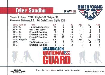 2015-16 Grandstand Tri-City Americans (WHL) #NNO Tyler Sandhu Back