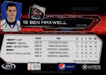 2010-11 Extreme Hamilton Bulldogs AHL #10 Ben Maxwell Back