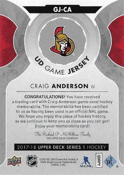 2017-18 Upper Deck - UD Game Jerseys #GJ-CA Craig Anderson Back