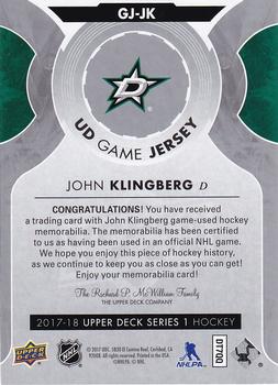 2017-18 Upper Deck - UD Game Jerseys #GJ-JK John Klingberg Back