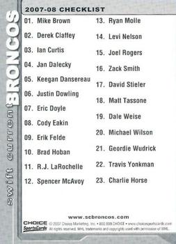 2007-08 Choice Swift Current Broncos (WHL) #NNO Checklist Back
