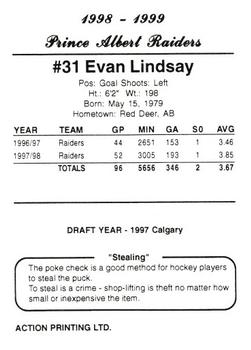 1998-99 Prince Albert Raiders (WHL) #14 Evan Lindsay Back