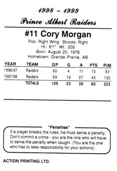 1998-99 Prince Albert Raiders (WHL) #17 Cory Morgan Back