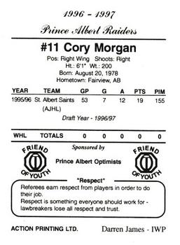1996-97 Prince Albert Raiders (WHL) #15 Cory Morgan Back