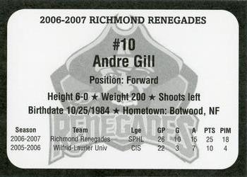 2006-07 Graffiti's Ink Gallery Richmond Renegades (SPHL) #4 Andre Gill Back