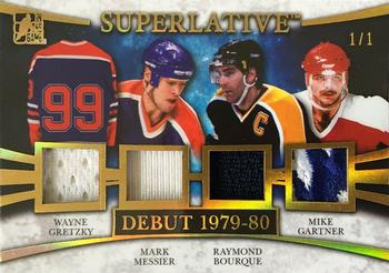 2017 Leaf In The Game Superlative - Superlative Debut - Gold Spectrum Foil #SD-05 Wayne Gretzky / Mark Messier / Raymond Bourque / Mike Gartner Front