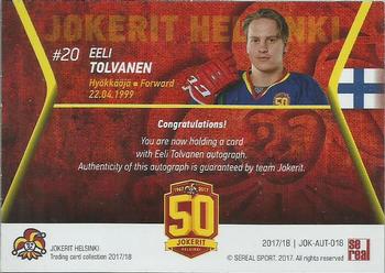 2017-18 Sereal Jokerit Helsinki - Autographs #JOK-AUT-018 Eeli Tolvanen Back