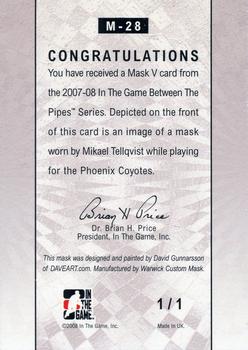 2015-16 In The Game Final Vault - 2007-08 In The Game Between The Pipes - The Mask V Black (Gold Vault Stamp) #M-28 Mikael Tellqvist Back