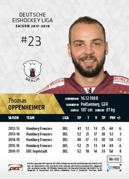 2017-18 Playercards (DEL) #DEL-022 Thomas Oppenheimer Back