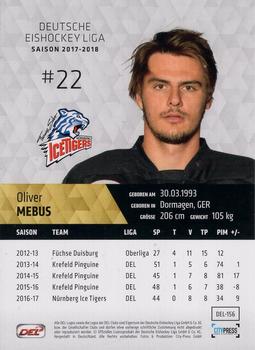 2017-18 Playercards (DEL) #DEL-156 Oliver Mebus Back