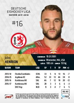 2017-18 Playercards (DEL) #DEL-342 John Henrion Back