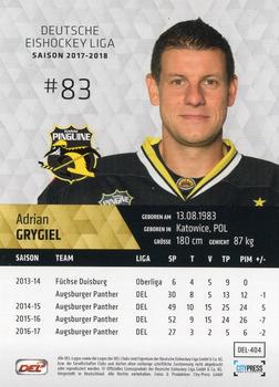 2017-18 Playercards (DEL) #DEL-404 Adrian Grygiel Back