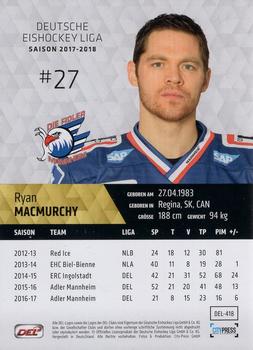 2017-18 Playercards (DEL) #DEL-418 Ryan MacMurchy Back