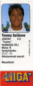 1991-92 Jyvas-Hyva Hockey-Liiga (Finnish) Stickers #21 Teemu Selänne Front