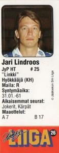 1991-92 Jyvas-Hyva Hockey-Liiga (Finnish) Stickers #26 Jari Lindroos Front