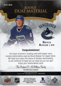 2017-18 Upper Deck Black Diamond - Exquisite Collection Rookie Dual Material #RD-BB Brock Boeser Back