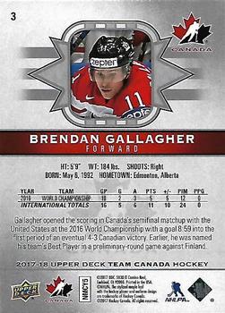 2017-18 Upper Deck Team Canada #3 Brendan Gallagher Back