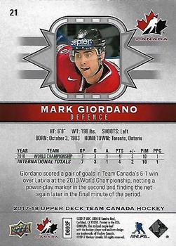 2017-18 Upper Deck Team Canada #21 Mark Giordano Back
