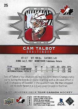 2017-18 Upper Deck Team Canada #25 Cam Talbot Back