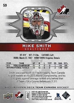 2017-18 Upper Deck Team Canada #59 Mike Smith Back