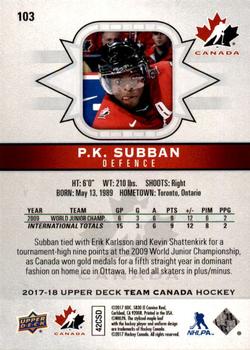 2017-18 Upper Deck Team Canada #103 P.K. Subban Back