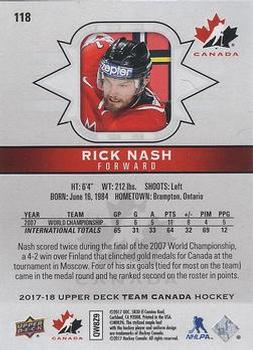 2017-18 Upper Deck Team Canada #118 Rick Nash Back