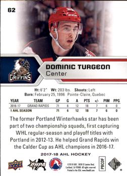 2017-18 Upper Deck AHL #62 Dominic Turgeon Back