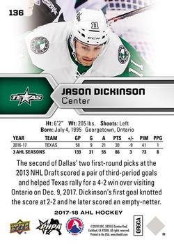 2017-18 Upper Deck AHL #136 Jason Dickinson Back