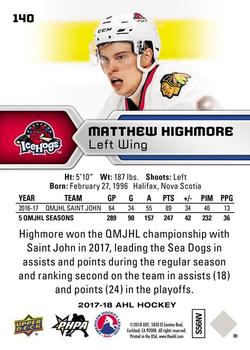 2017-18 Upper Deck AHL #140 Matthew Highmore Back