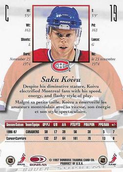 1997-98 Donruss Canadian Ice - Dominion Series Unnumbered #19 Saku Koivu Back