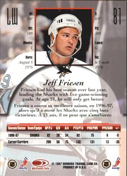 1997-98 Donruss Canadian Ice - Dominion Series Unnumbered #81 Jeff Friesen Back