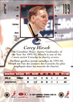 1997-98 Donruss Canadian Ice - Dominion Series Unnumbered #109 Corey Hirsch Back