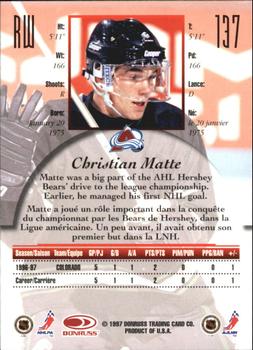 1997-98 Donruss Canadian Ice - Dominion Series Unnumbered #137 Christian Matte Back