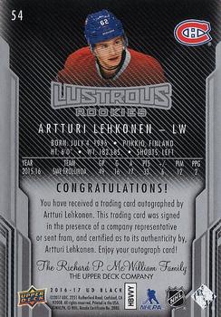 2016-17 Upper Deck Black - Lustrous Rookies Signatures #54 Artturi Lehkonen Back