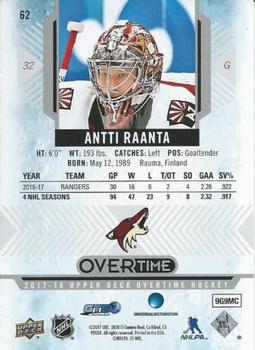 2017-18 Upper Deck Overtime #62 Antti Raanta Back