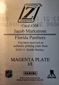 2013-14 Panini National Treasures - 2010-11 Panini Zenith Rookies DTT Printing Plates Magenta #208 Jacob Markstrom Back